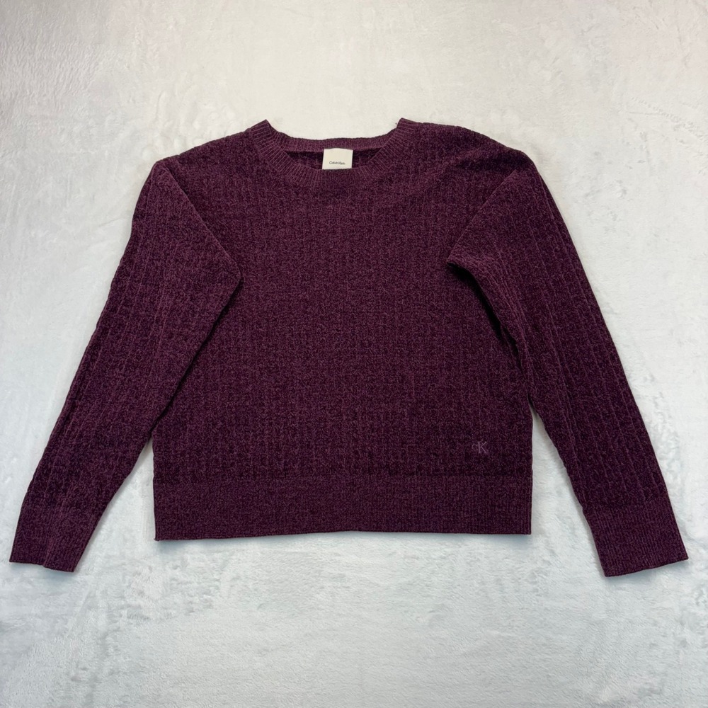 Calvin Klein Womens Plum Purple Chenille Textured Crewneck Sweater Size M
